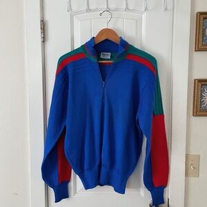 Vintage Colorblock Meister Sweater Blue/Green/Red 1/4 Zip Mock Collar Size L